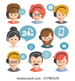 Call center operator with headset web icon design. Call center avatar set. Client services and communication, customer support, phone assistance, information, solutions. Vector