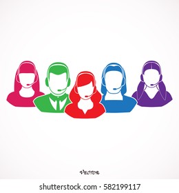 Call center operator with headset web icon design. Call center avatar set. Client services and communication, customer support, phone assistance, information, solutions. Vector