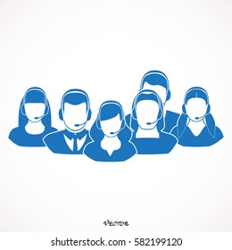 Call center operator with headset web icon design. Call center avatar set. Client services and communication, customer support, phone assistance, information, solutions. Vector