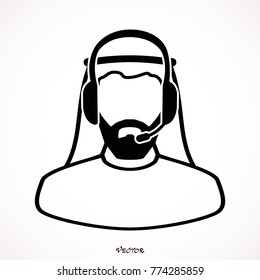 Call center operator with headset web icon design. Client services and communication, customer support, phone assistance, information. Illustration vector of arab or muslim men.