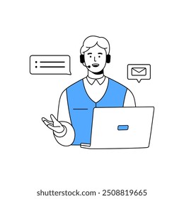 El operador del centro de llamadas ayuda a los clientes. Trabajador del servicio de Asistencia en línea en auriculares habla con los Clientes. El empleado trabaja en el servicio de asistencia, línea directa de quejas. Ilustración vectorial de contorno aislada plana en blanco