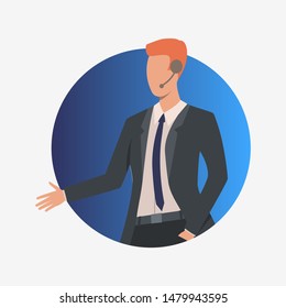 Call center operator holding out hand for handshake. Customer support phone worker with headset, 24 7, male. Customer support concept. Vector illustration for presentation slide, poster, new projects