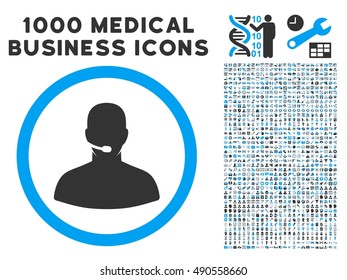 Call Center Operator icon with 1000 medical business gray and blue vector pictographs. Set style is flat bicolor symbols, white background.