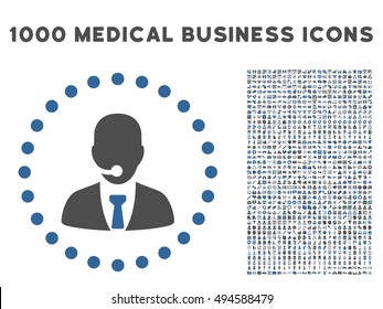 Call Center Operator icon with 1000 medical business cobalt and gray vector pictograms. Design style is flat bicolor symbols, white background.