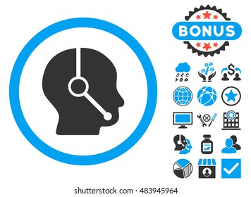 Call Center Operator icon with bonus elements. Vector illustration style is flat iconic bicolor symbols, blue and gray colors, white background.