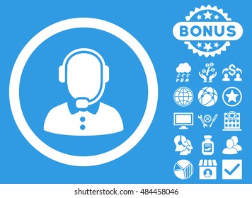 Call Center Operator icon with bonus design elements. Vector illustration style is flat iconic symbols, white color, blue background.