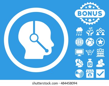 Call Center Operator icon with bonus design elements. Vector illustration style is flat iconic symbols, white color, blue background.