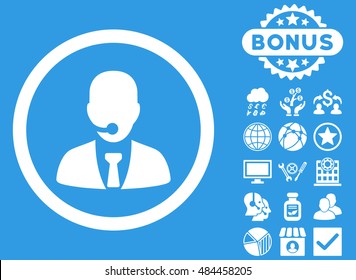 Call Center Operator icon with bonus elements. Vector illustration style is flat iconic symbols, white color, blue background.