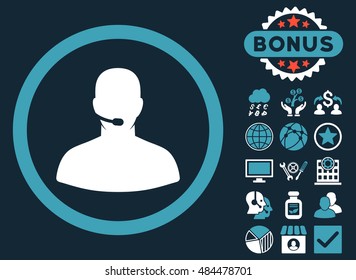 Call Center Operator icon with bonus pictures. Vector illustration style is flat iconic bicolor symbols, blue and white colors, dark blue background.