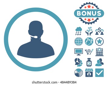 Call Center Operator icon with bonus symbols. Vector illustration style is flat iconic bicolor symbols, cyan and blue colors, white background.