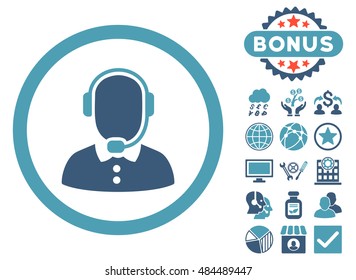 Call Center Operator icon with bonus pictures. Vector illustration style is flat iconic bicolor symbols, cyan and blue colors, white background.