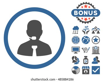 Call Center Operator icon with bonus pictogram. Vector illustration style is flat iconic bicolor symbols, cobalt and gray colors, white background.