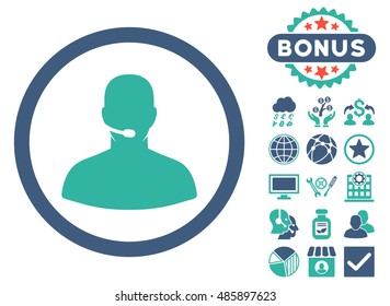 Call Center Operator icon with bonus pictures. Vector illustration style is flat iconic bicolor symbols, cobalt and cyan colors, white background.