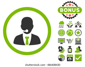 Call Center Operator icon with bonus pictures. Vector illustration style is flat iconic bicolor symbols, eco green and gray colors, white background.