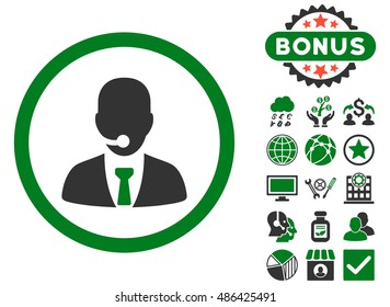 Call Center Operator icon with bonus images. Vector illustration style is flat iconic bicolor symbols, green and gray colors, white background.