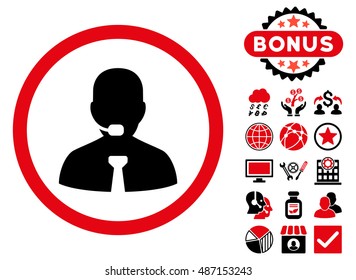 Call Center Operator icon with bonus symbols. Vector illustration style is flat iconic bicolor symbols, intensive red and black colors, white background.