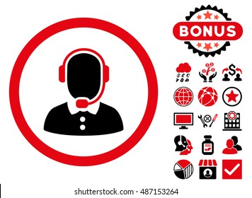 Call Center Operator icon with bonus pictogram. Vector illustration style is flat iconic bicolor symbols, intensive red and black colors, white background.