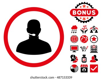 Call Center Operator icon with bonus pictogram. Vector illustration style is flat iconic bicolor symbols, intensive red and black colors, white background.