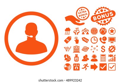 Call Center Operator icon with bonus pictures. Vector illustration style is flat iconic symbols, orange color, white background.