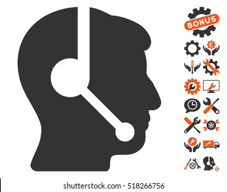 Call Center Operator icon with bonus configuration symbols. Vector illustration style is flat iconic orange and gray symbols on white background.