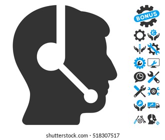 Call Center Operator icon with bonus settings pictograms. Vector illustration style is flat iconic blue and gray symbols on white background.