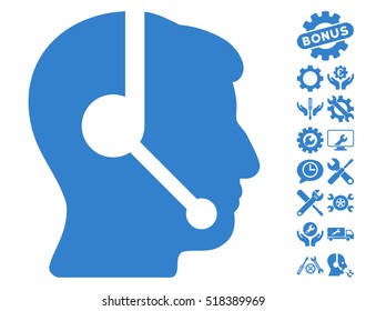 Call Center Operator icon with bonus options design elements. Vector illustration style is flat iconic cobalt symbols on white background.