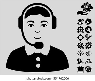 Call Center Operator icon with bonus configuration symbols. Vector illustration style is flat iconic black symbols on light gray background.