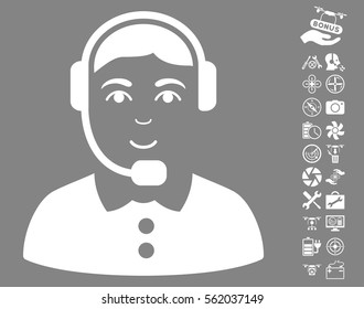 Call Center Operator icon with bonus quadrocopter service clip art. Vector illustration style is flat iconic white symbols on gray background.