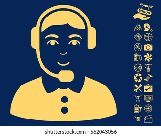 Call Center Operator icon with bonus uav service pictograms. Vector illustration style is flat iconic yellow symbols on blue background.