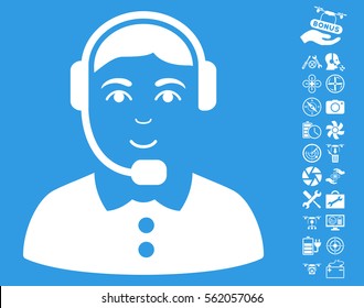 Call Center Operator icon with bonus flying drone service pictograph collection. Vector illustration style is flat iconic white symbols on blue background.