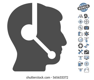 Call Center Operator icon with bonus airdrone tools design elements. Vector illustration style is flat iconic cobalt and gray symbols on white background.