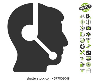Call Center Operator icon with bonus nanocopter service images. Vector illustration style is flat iconic eco green and gray symbols on white background.