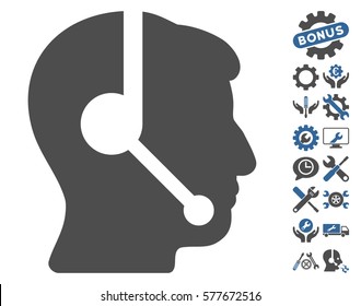 Call Center Operator icon with bonus tools pictograph collection. Vector illustration style is flat iconic cobalt and gray symbols on white background.