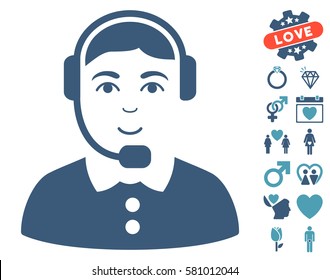 Call Center Operator icon with bonus dating clip art. Vector illustration style is flat iconic cyan and blue symbols on white background.