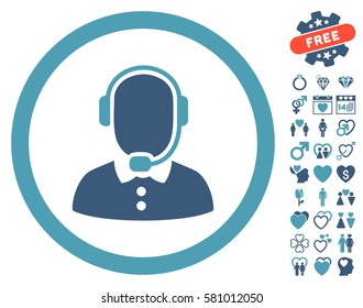 Call Center Operator icon with bonus love pictograms. Vector illustration style is flat iconic cyan and blue symbols on white background.