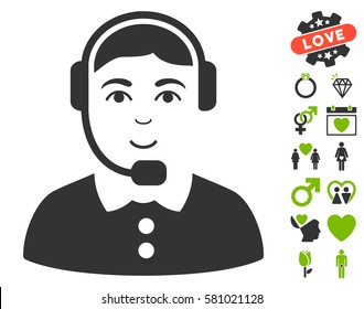 Call Center Operator icon with bonus amour pictures. Vector illustration style is flat iconic eco green and gray symbols on white background.
