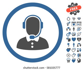 Call Center Operator icon with bonus marriage clip art. Vector illustration style is flat iconic cobalt and gray symbols on white background.