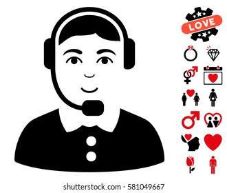 Call Center Operator icon with bonus romantic pictures. Vector illustration style is flat iconic intensive red and black symbols on white background.