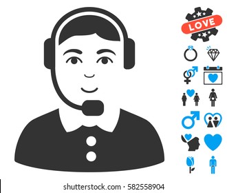 Call Center Operator icon with bonus marriage pictures. Vector illustration style is flat iconic blue and gray symbols on white background.