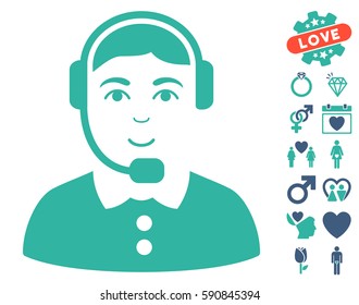 Call Center Operator icon with bonus amour pictograms. Vector illustration style is flat iconic cobalt and cyan symbols on white background.