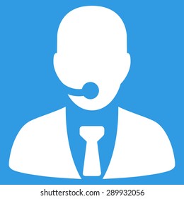 Call center operator icon from Business Bi-color Set. Vector style: flat symbol, white color, rounded angles, blue background.