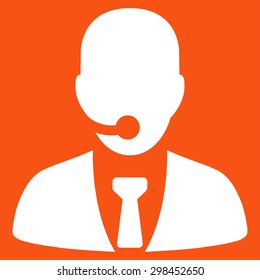 Call center operator icon from Business Bicolor Set. Vector style is flat symbol, white color, rounded angles, orange background.