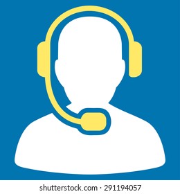 Call Center Operator icon from Commerce Set. Vector style: bicolor flat symbol, yellow and white colors, rounded angles, blue background.