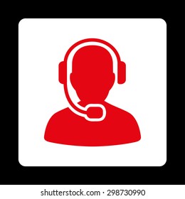 Call Center Operator icon from Commerce Buttons OverColor Set. Vector style is red and white colors, flat square rounded button, black background.