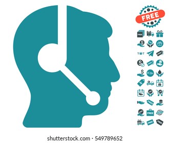 Call Center Operator icon with free bonus pictograms. Vector illustration style is flat iconic symbols, soft blue colors, white background.