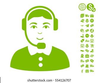Call Center Operator icon with free bonus pictograms. Vector illustration style is flat iconic symbols, eco green color, white background.