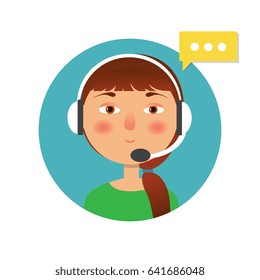 Call center operator icon with headset. Female call center avatar. Client service and communication concept. Vector