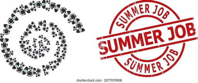 Call center operator icon spiral centrifugal composition, and SUMMER JOB scratched stamp. Call center operator items are grouped into curl mosaic structure.