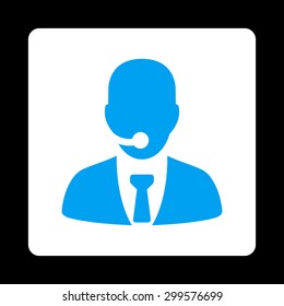 Call center operator icon. Vector style is blue and white colors, flat rounded square button on a black background.