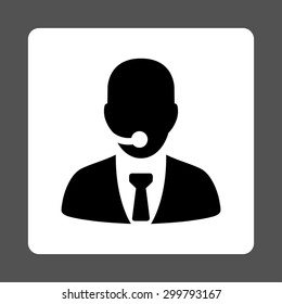 Call center operator icon. Vector style is black and white colors, flat rounded square button on a gray background.